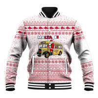 Malta Christmas Baseball Jacket with Santa Driving Vintage Bus Malta Flag and Red White Festive Pattern Design - Wonder Print Shop