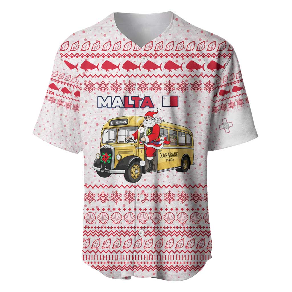 Malta Christmas Baseball Jersey with Santa Driving Vintage Bus Malta Flag and Red White Festive Pattern Design - Wonder Print Shop
