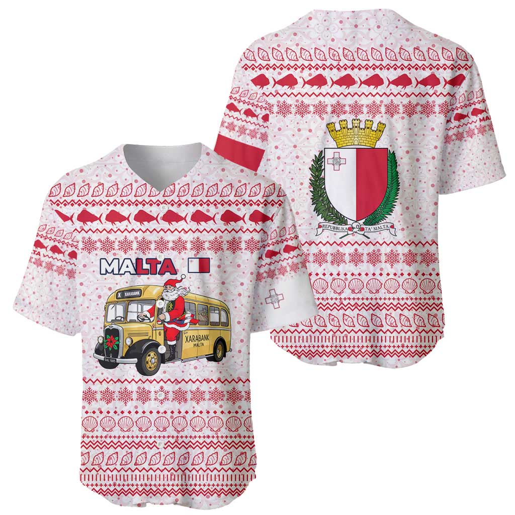 Malta Christmas Baseball Jersey with Santa Driving Vintage Bus Malta Flag and Red White Festive Pattern Design - Wonder Print Shop