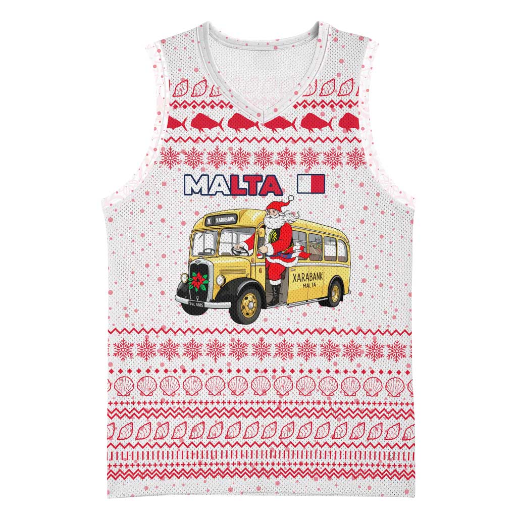 Malta Christmas Basketball Jersey with Santa Driving Vintage Bus Malta Flag and Red White Festive Pattern Design - Wonder Print Shop