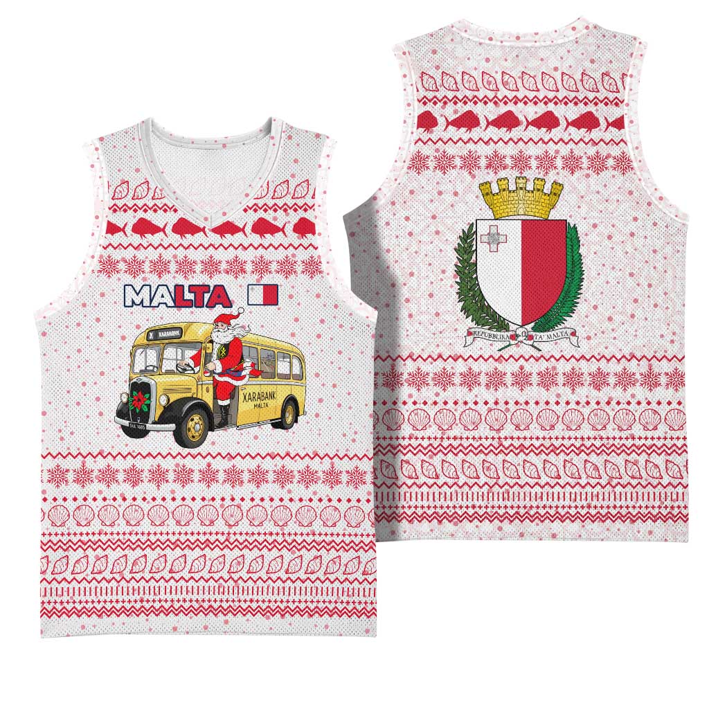 Malta Christmas Basketball Jersey with Santa Driving Vintage Bus Malta Flag and Red White Festive Pattern Design - Wonder Print Shop