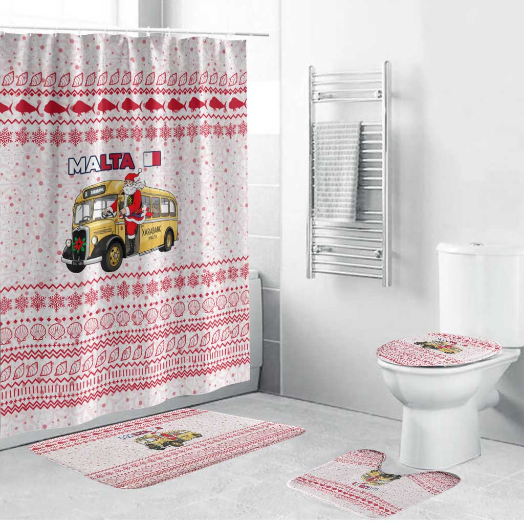 Malta Christmas Bathroom Set with Santa Driving Vintage Bus Malta Flag and Red White Festive Pattern Design - Wonder Print Shop