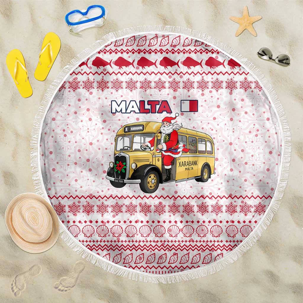Malta Christmas Beach Blanket with Santa Driving Vintage Bus Malta Flag and Red White Festive Pattern Design - Wonder Print Shop