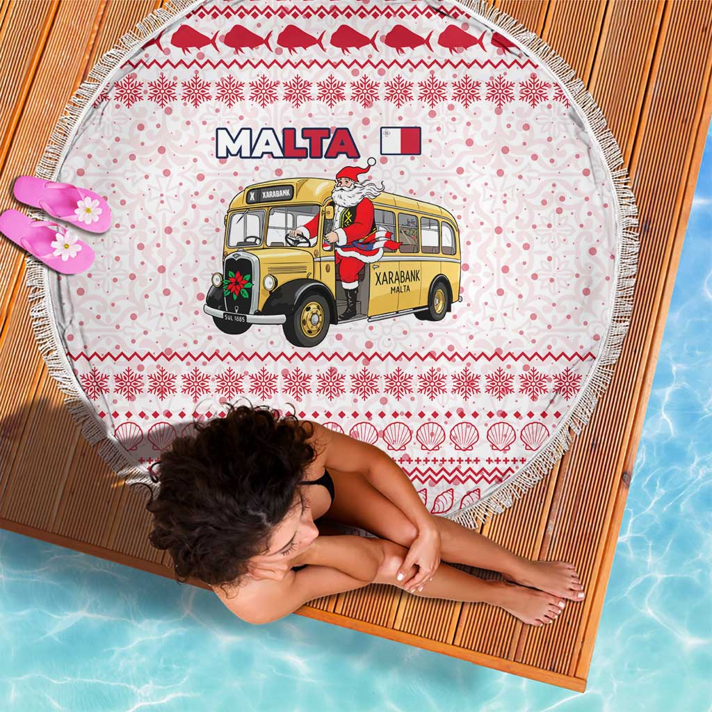 Malta Christmas Beach Blanket with Santa Driving Vintage Bus Malta Flag and Red White Festive Pattern Design - Wonder Print Shop