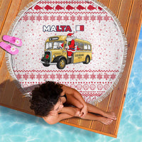 Malta Christmas Beach Blanket with Santa Driving Vintage Bus Malta Flag and Red White Festive Pattern Design - Wonder Print Shop
