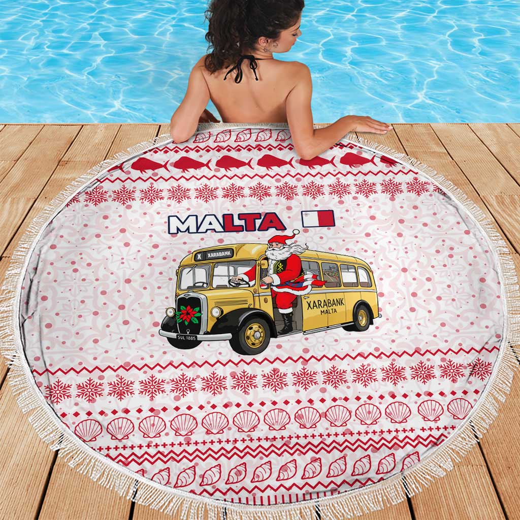 Malta Christmas Beach Blanket with Santa Driving Vintage Bus Malta Flag and Red White Festive Pattern Design - Wonder Print Shop