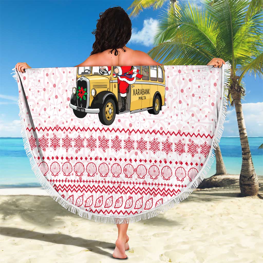 Malta Christmas Beach Blanket with Santa Driving Vintage Bus Malta Flag and Red White Festive Pattern Design - Wonder Print Shop