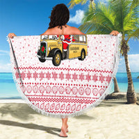 Malta Christmas Beach Blanket with Santa Driving Vintage Bus Malta Flag and Red White Festive Pattern Design - Wonder Print Shop