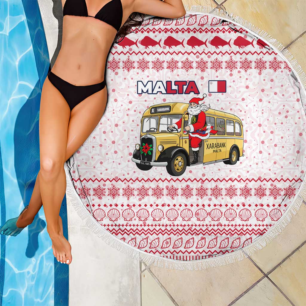 Malta Christmas Beach Blanket with Santa Driving Vintage Bus Malta Flag and Red White Festive Pattern Design - Wonder Print Shop