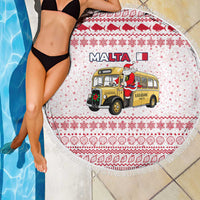 Malta Christmas Beach Blanket with Santa Driving Vintage Bus Malta Flag and Red White Festive Pattern Design - Wonder Print Shop