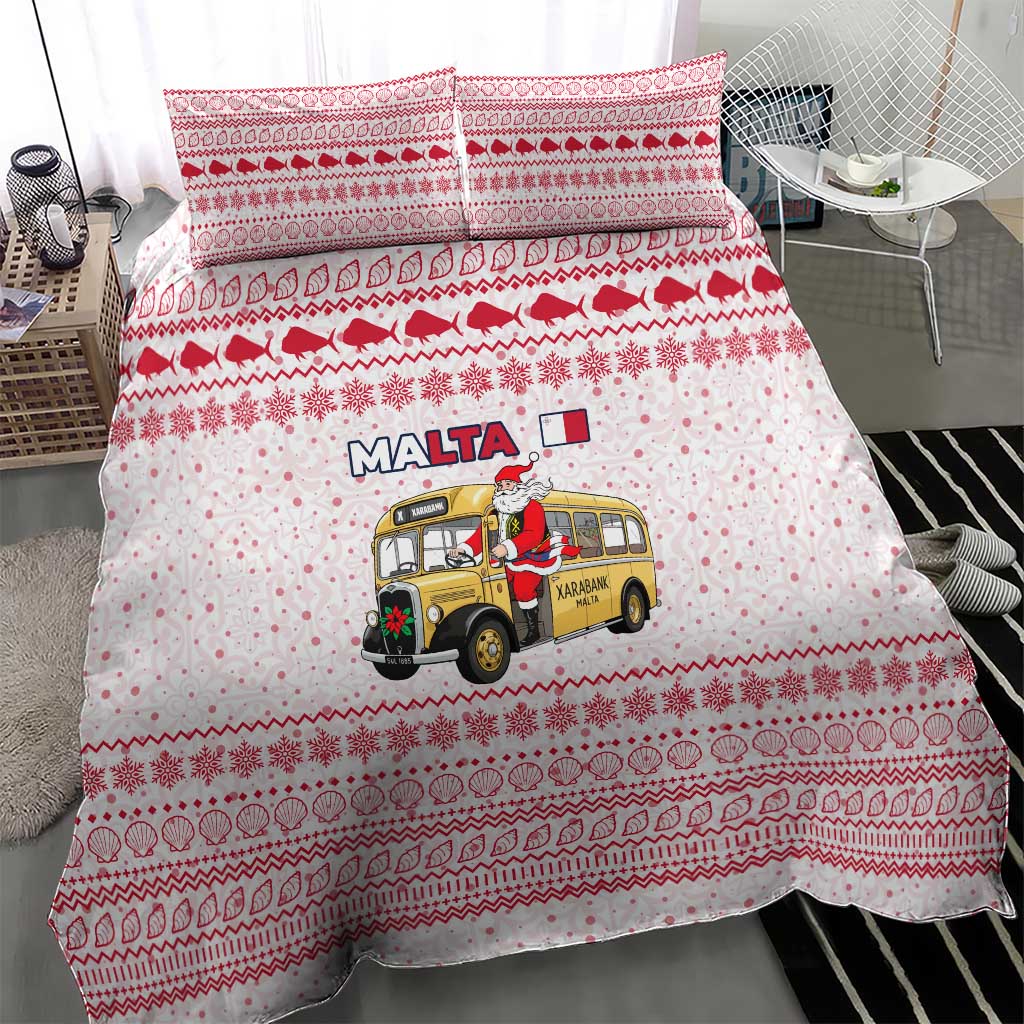 Malta Christmas Bedding Set with Santa Driving Vintage Bus Malta Flag and Red White Festive Pattern Design - Wonder Print Shop
