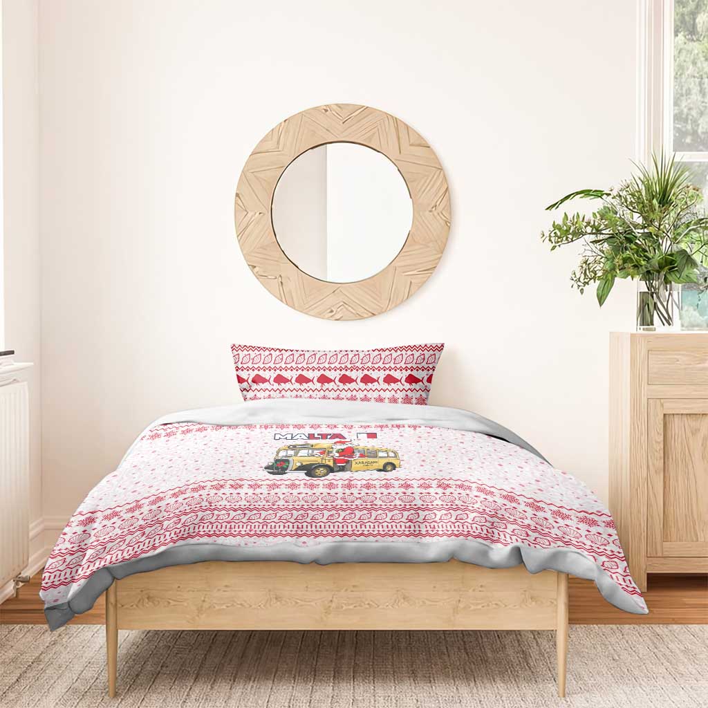 Malta Christmas Bedding Set with Santa Driving Vintage Bus Malta Flag and Red White Festive Pattern Design - Wonder Print Shop
