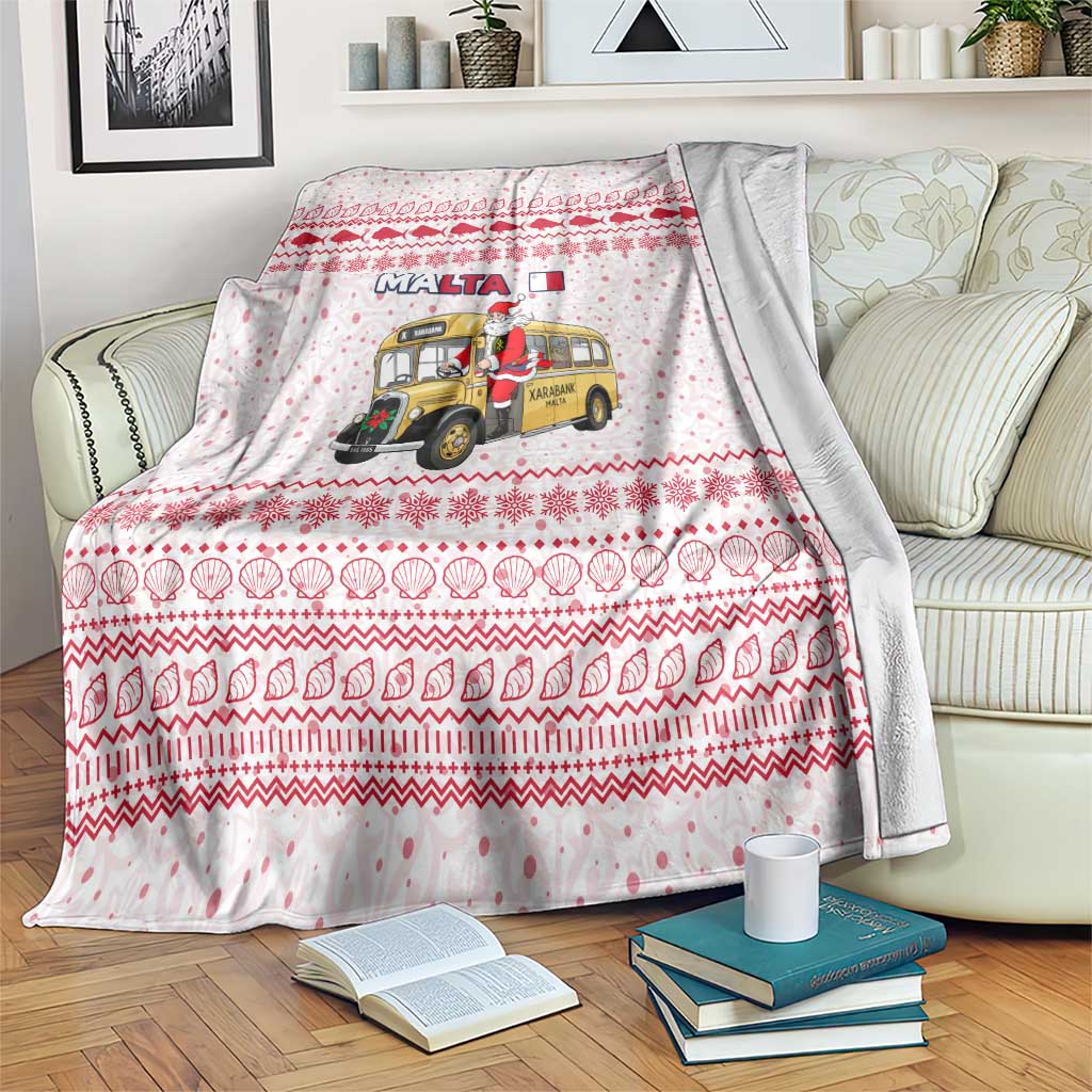 Malta Christmas Blanket with Santa Driving Vintage Bus Malta Flag and Red White Festive Pattern Design - Wonder Print Shop
