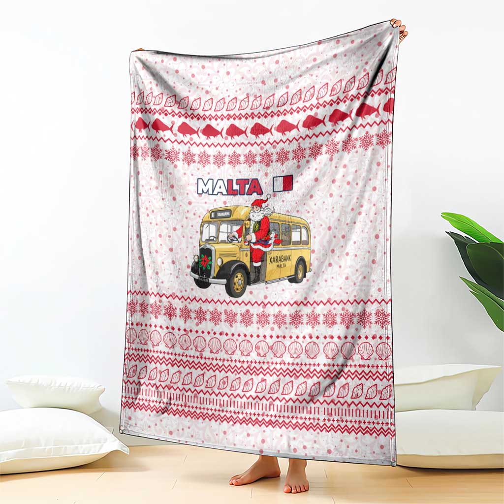 Malta Christmas Blanket with Santa Driving Vintage Bus Malta Flag and Red White Festive Pattern Design - Wonder Print Shop