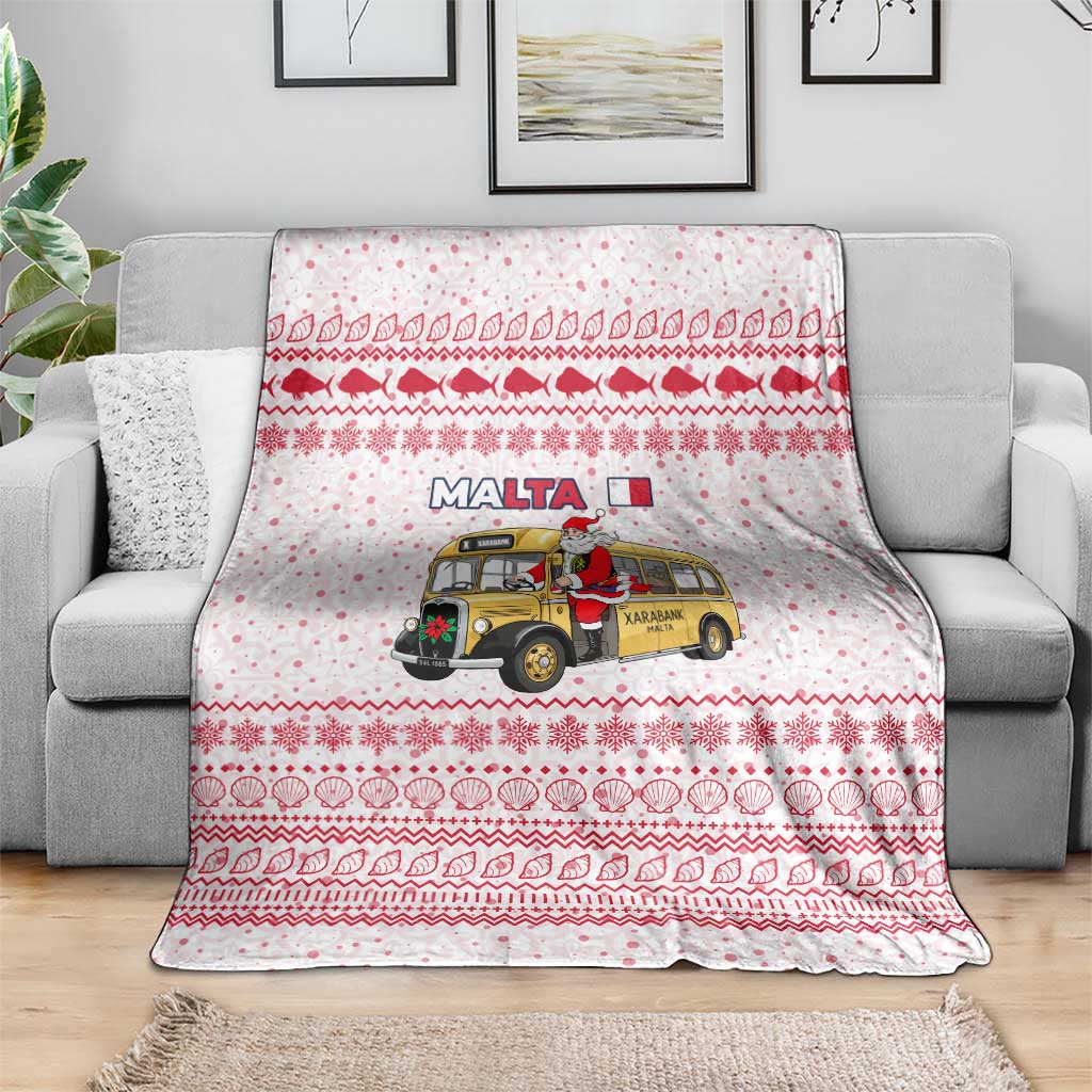 Malta Christmas Blanket with Santa Driving Vintage Bus Malta Flag and Red White Festive Pattern Design - Wonder Print Shop
