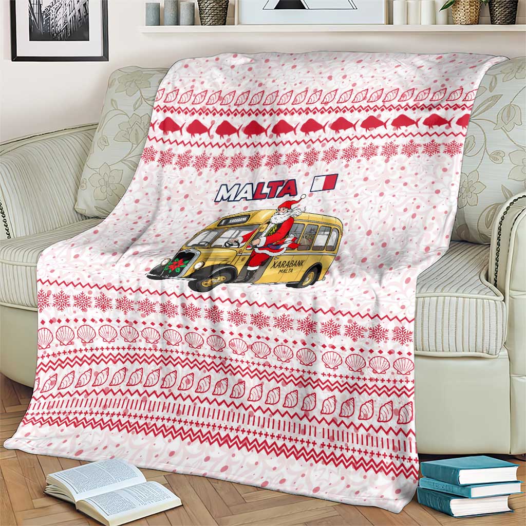 Malta Christmas Blanket with Santa Driving Vintage Bus Malta Flag and Red White Festive Pattern Design - Wonder Print Shop