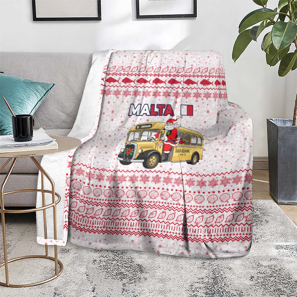 Malta Christmas Blanket with Santa Driving Vintage Bus Malta Flag and Red White Festive Pattern Design - Wonder Print Shop