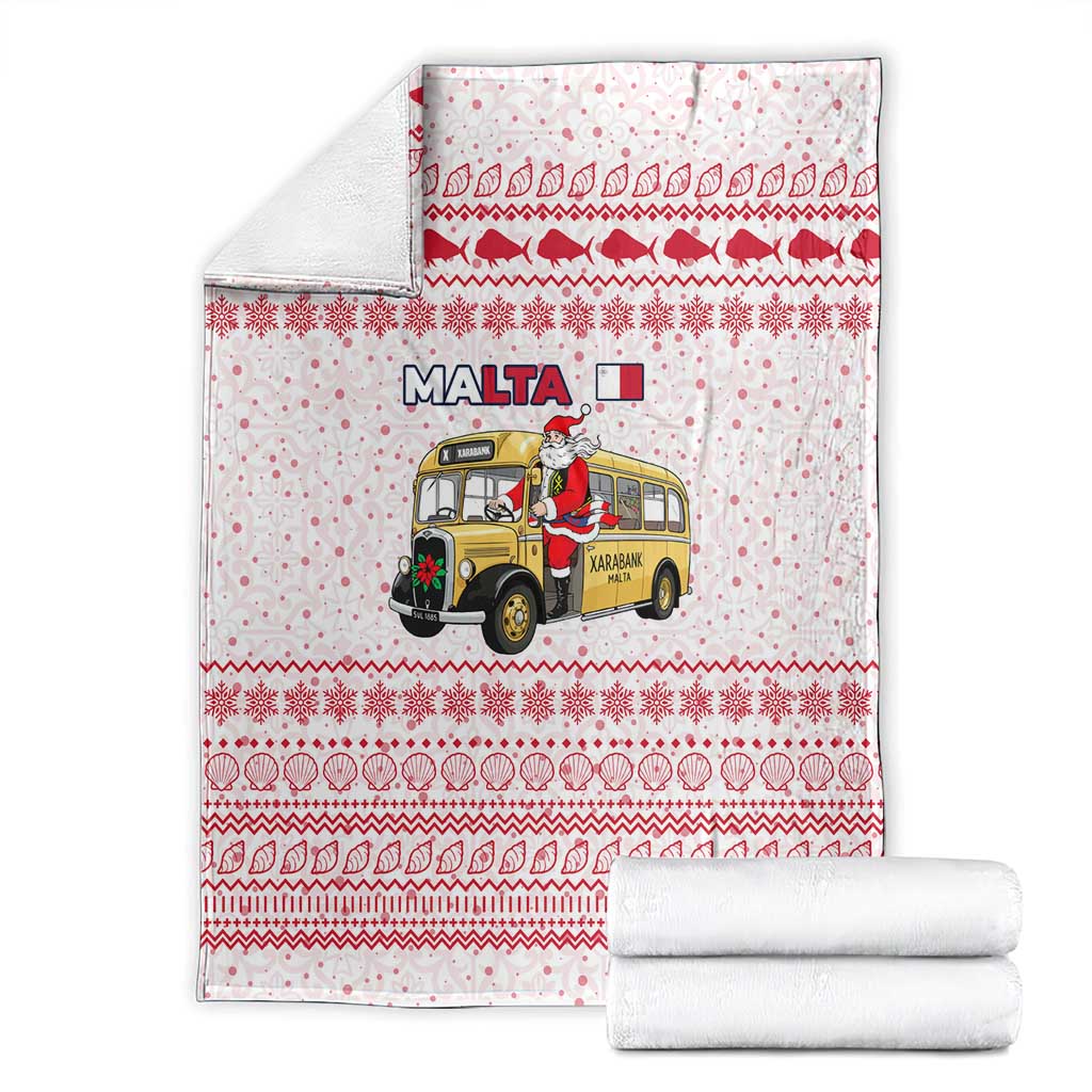 Malta Christmas Blanket with Santa Driving Vintage Bus Malta Flag and Red White Festive Pattern Design - Wonder Print Shop