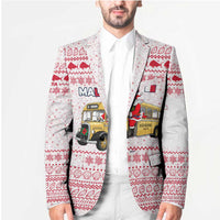 Malta Christmas Blazer with Santa Driving Vintage Bus Malta Flag and Red White Festive Pattern Design - Wonder Print Shop