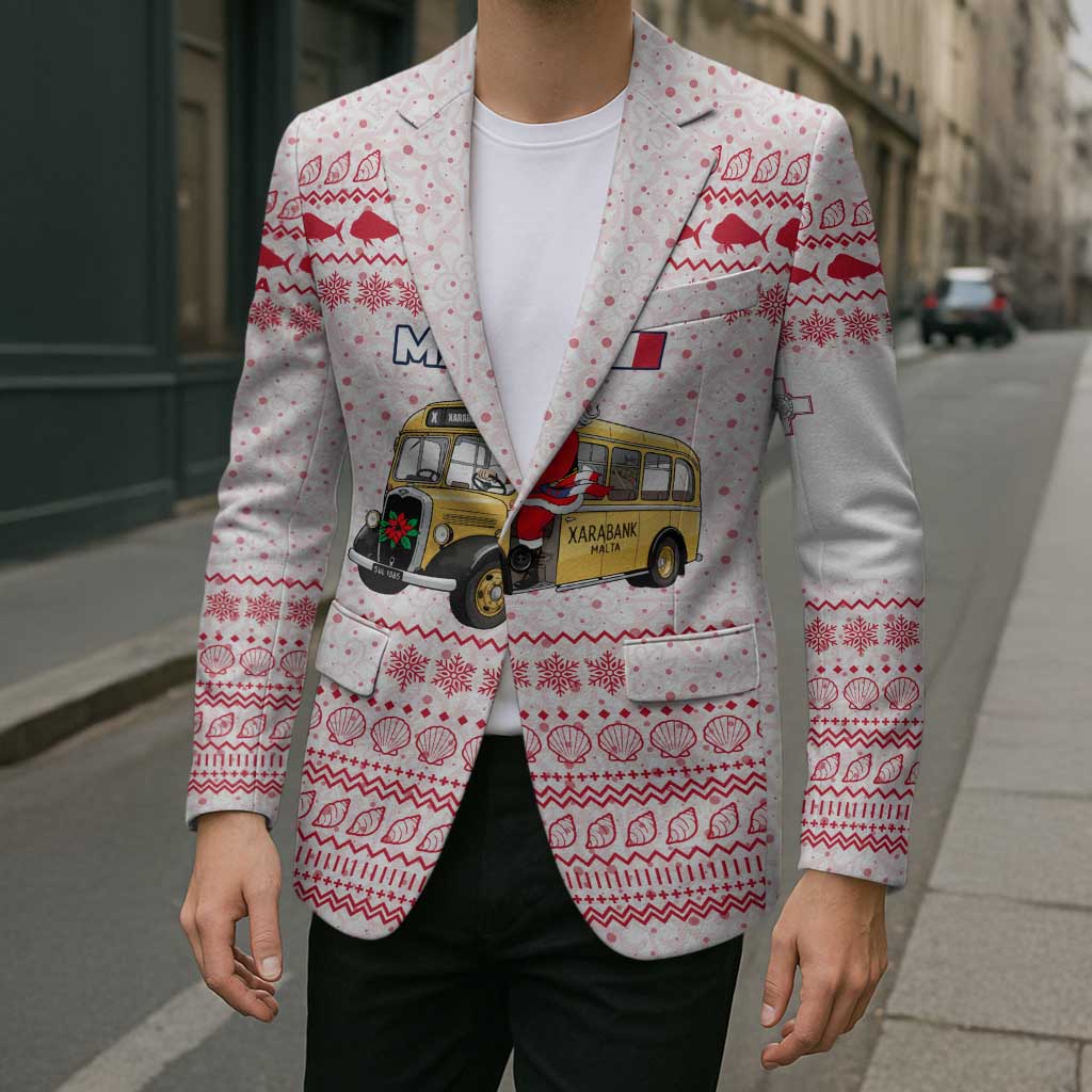 Malta Christmas Blazer with Santa Driving Vintage Bus Malta Flag and Red White Festive Pattern Design - Wonder Print Shop