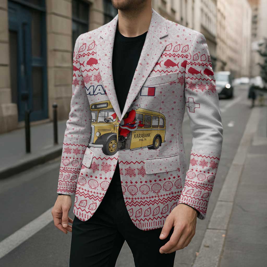 Malta Christmas Blazer with Santa Driving Vintage Bus Malta Flag and Red White Festive Pattern Design - Wonder Print Shop