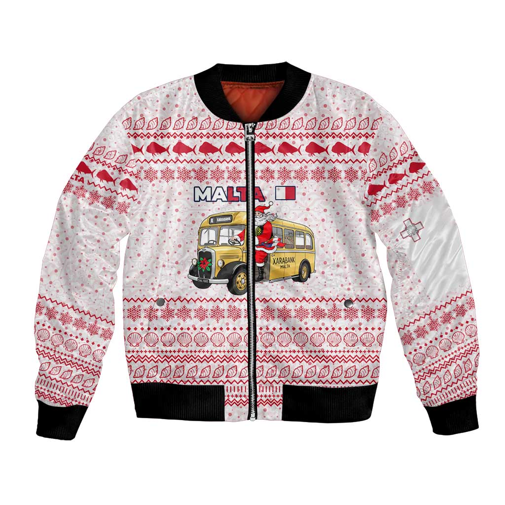 Malta Christmas Bomber Jacket with Santa Driving Vintage Bus Malta Flag and Red White Festive Pattern Design - Wonder Print Shop