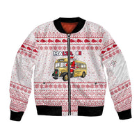 Malta Christmas Bomber Jacket with Santa Driving Vintage Bus Malta Flag and Red White Festive Pattern Design - Wonder Print Shop