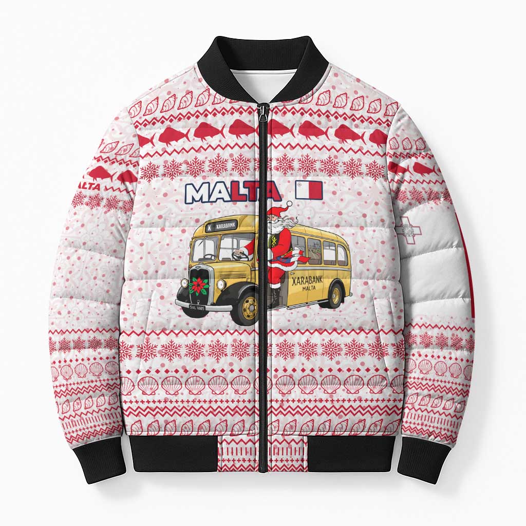 Malta Christmas Bomber Puffer Jacket with Santa Driving Vintage Bus Malta Flag and Red White Festive Pattern Design - Wonder Print Shop