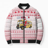 Malta Christmas Bomber Puffer Jacket with Santa Driving Vintage Bus Malta Flag and Red White Festive Pattern Design - Wonder Print Shop