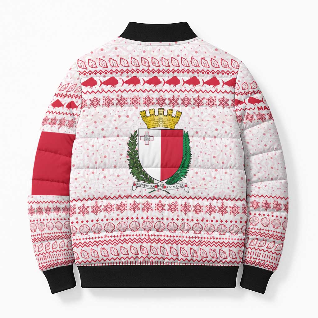 Malta Christmas Bomber Puffer Jacket with Santa Driving Vintage Bus Malta Flag and Red White Festive Pattern Design - Wonder Print Shop