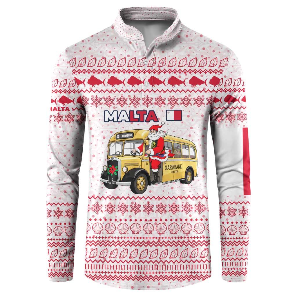 Malta Christmas Button Sweatshirt with Santa Driving Vintage Bus Malta Flag and Red White Festive Pattern Design - Wonder Print Shop