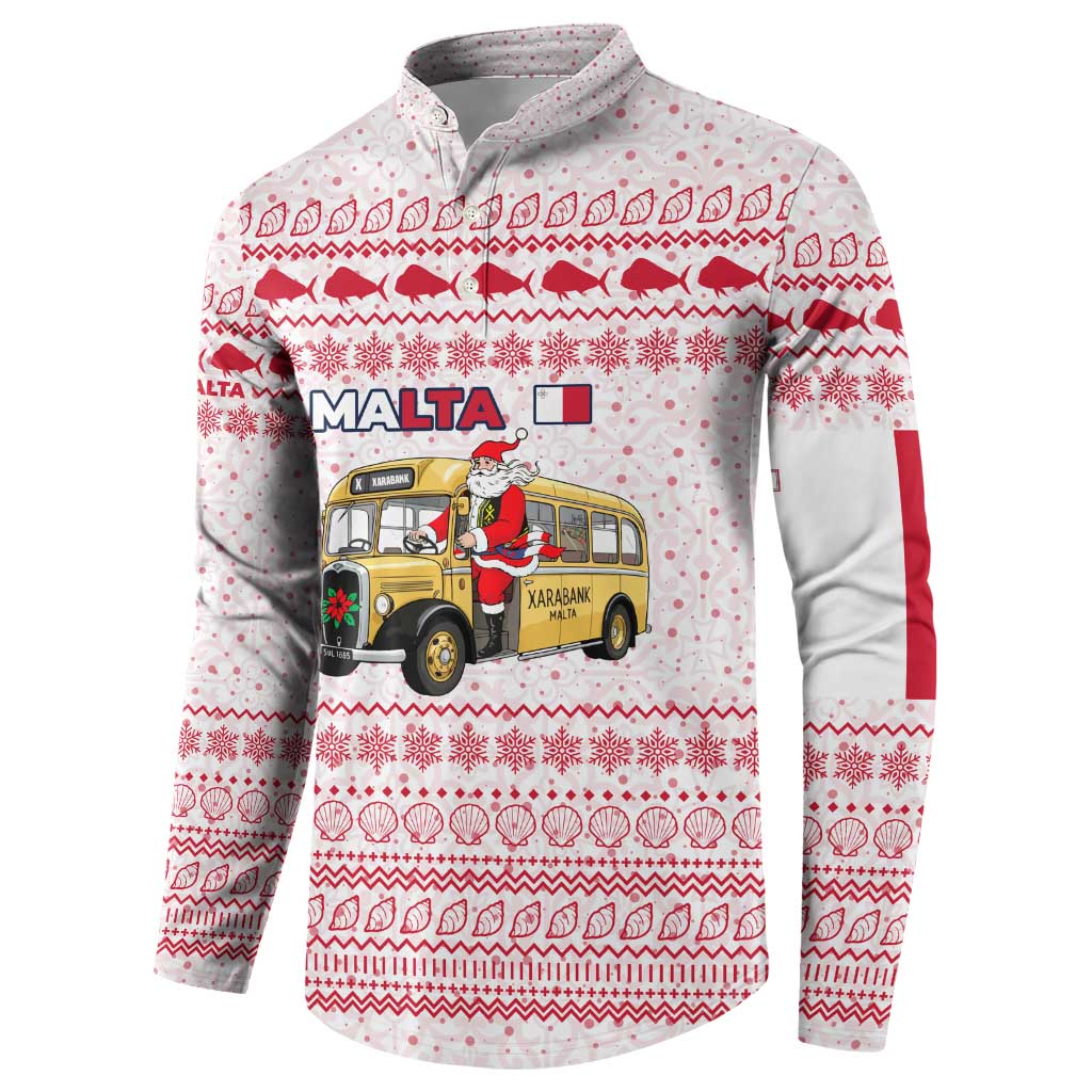Malta Christmas Button Sweatshirt with Santa Driving Vintage Bus Malta Flag and Red White Festive Pattern Design - Wonder Print Shop