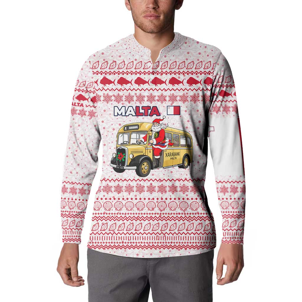 Malta Christmas Button Sweatshirt with Santa Driving Vintage Bus Malta Flag and Red White Festive Pattern Design - Wonder Print Shop