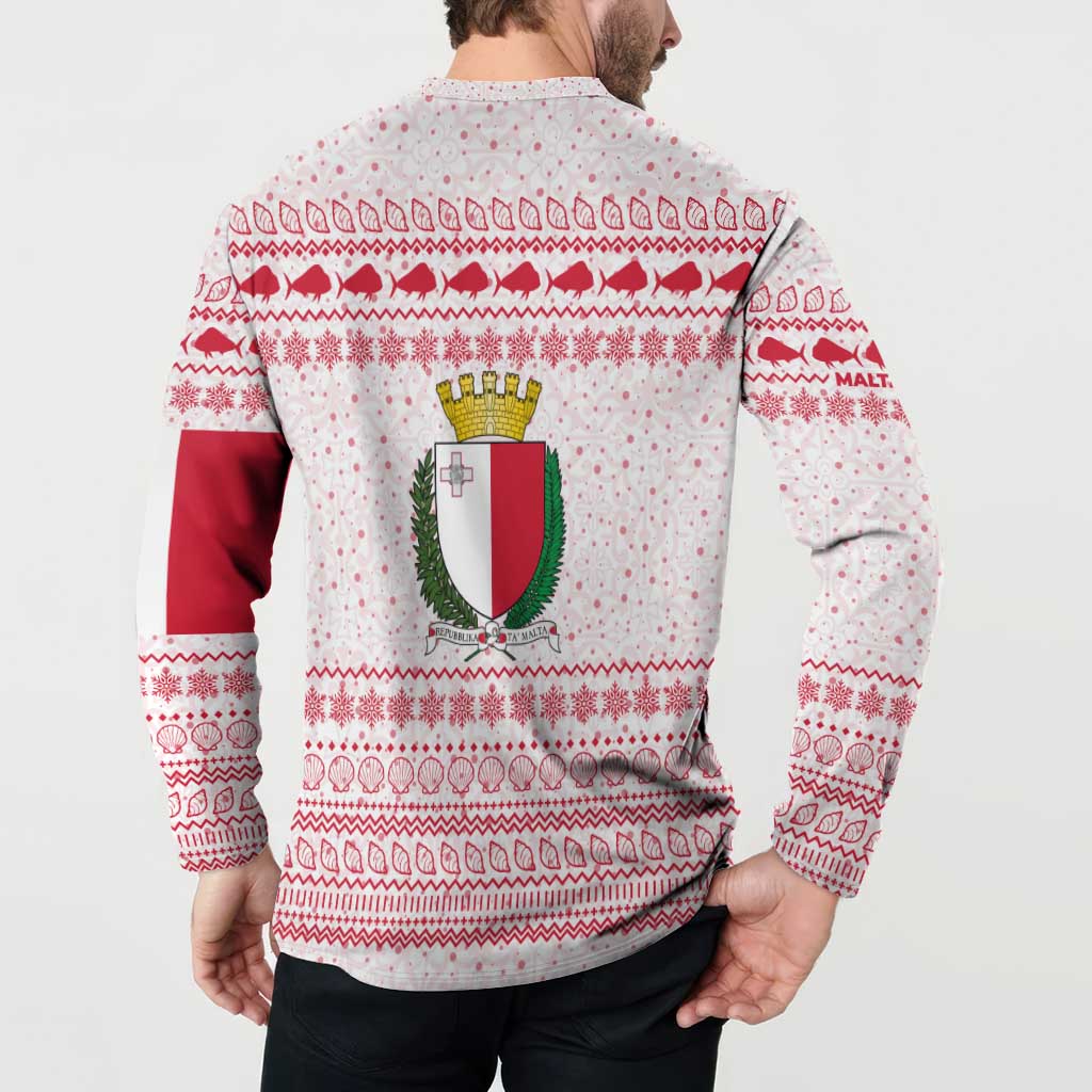 Malta Christmas Button Sweatshirt with Santa Driving Vintage Bus Malta Flag and Red White Festive Pattern Design - Wonder Print Shop