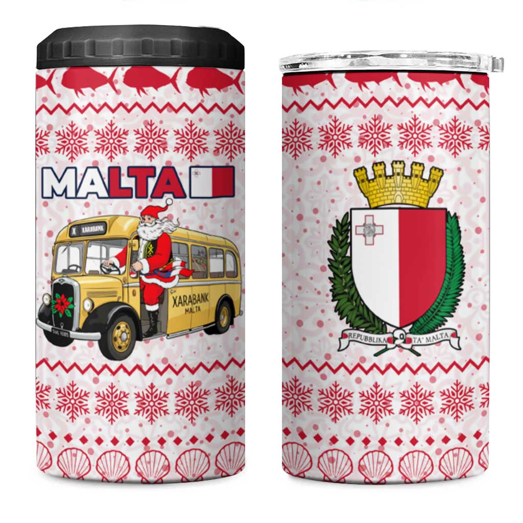 Malta Christmas 4 in 1 Can Cooler Tumbler with Santa Driving Vintage Bus Malta Flag and Red White Festive Pattern Design - Wonder Print Shop