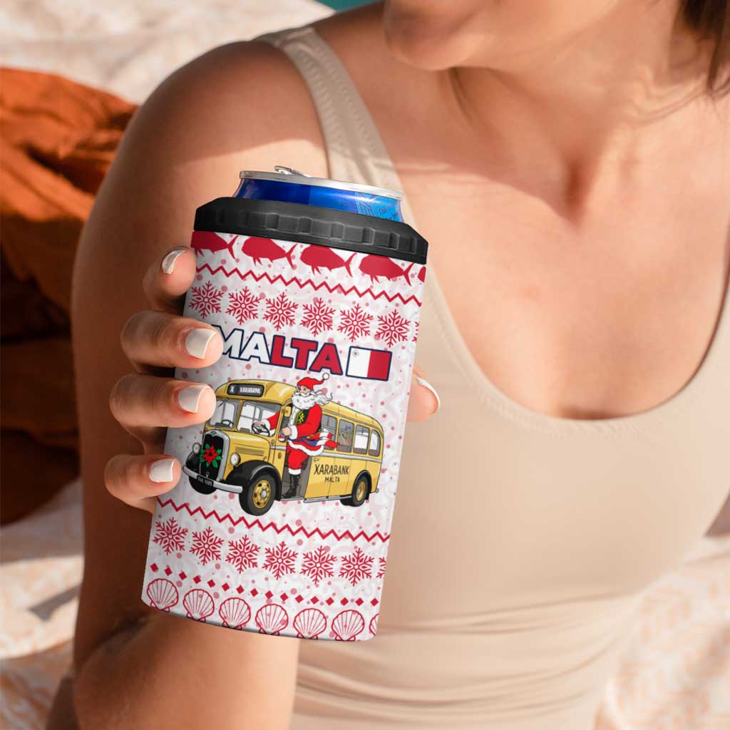 Malta Christmas 4 in 1 Can Cooler Tumbler with Santa Driving Vintage Bus Malta Flag and Red White Festive Pattern Design - Wonder Print Shop