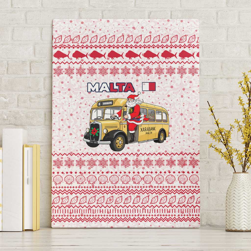 Malta Christmas Canvas Wall Art with Santa Driving Vintage Bus Malta Flag and Red White Festive Pattern Design - Wonder Print Shop
