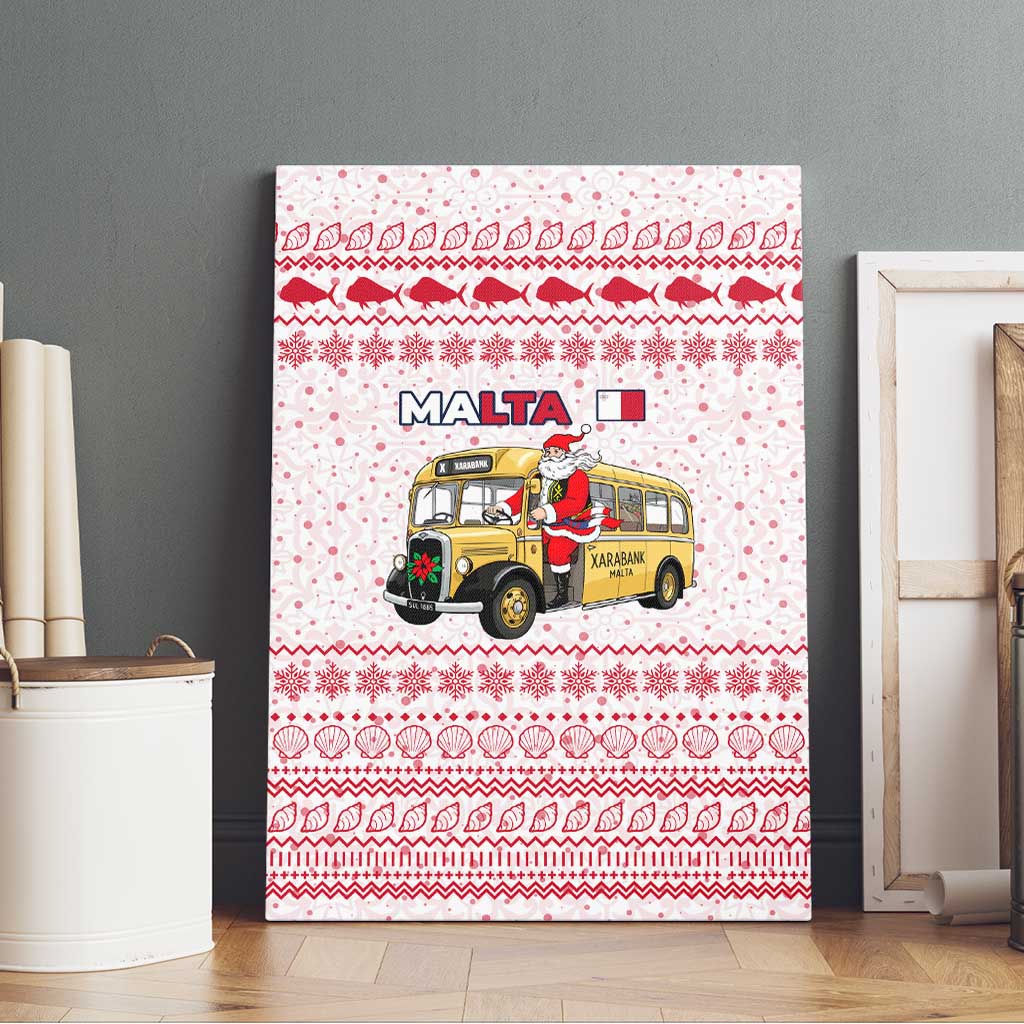 Malta Christmas Canvas Wall Art with Santa Driving Vintage Bus Malta Flag and Red White Festive Pattern Design - Wonder Print Shop