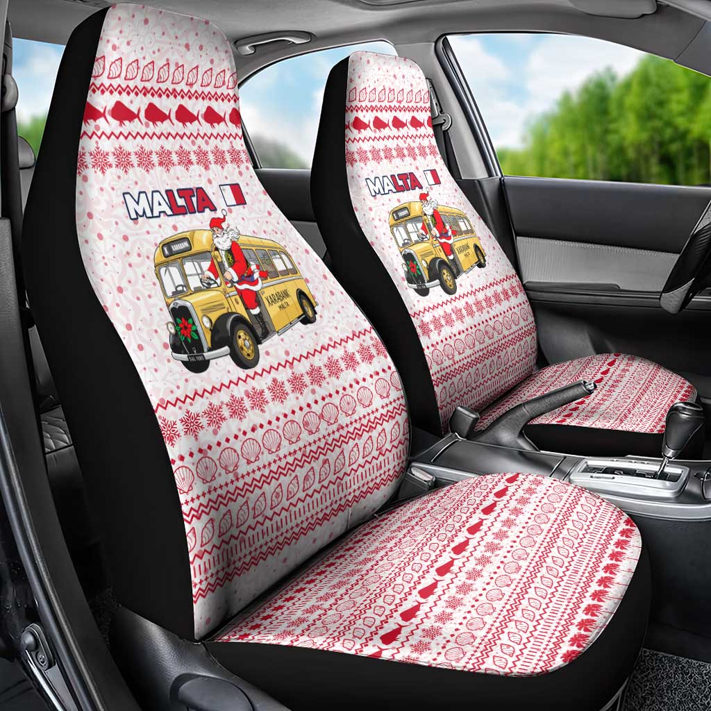 Malta Christmas Car Seat Cover with Santa Driving Vintage Bus Malta Flag and Red White Festive Pattern Design - Wonder Print Shop