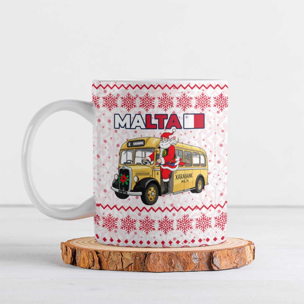 Malta Christmas Ceramic Mug with Santa Driving Vintage Bus Malta Flag and Red White Festive Pattern Design - Wonder Print Shop