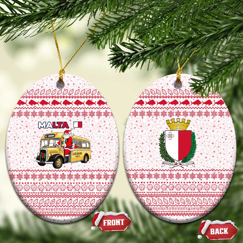 Malta Christmas Ceramic Ornament with Santa Driving Vintage Bus Malta Flag and Red White Festive Pattern Design - Wonder Print Shop