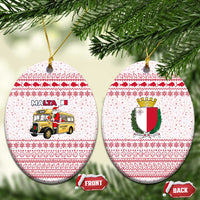 Malta Christmas Ceramic Ornament with Santa Driving Vintage Bus Malta Flag and Red White Festive Pattern Design - Wonder Print Shop