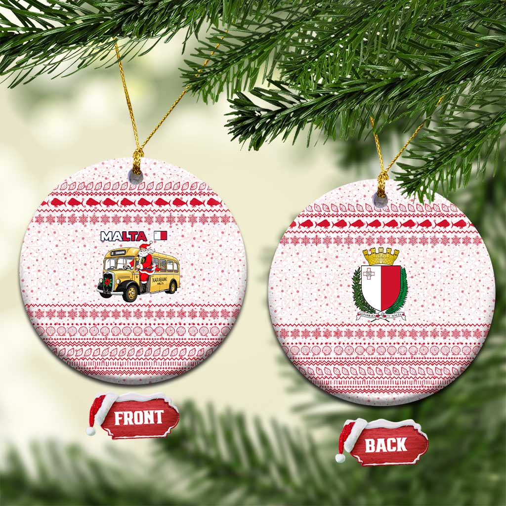 Malta Christmas Ceramic Ornament with Santa Driving Vintage Bus Malta Flag and Red White Festive Pattern Design - Wonder Print Shop