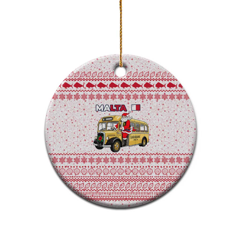 Malta Christmas Ceramic Ornament with Santa Driving Vintage Bus Malta Flag and Red White Festive Pattern Design - Wonder Print Shop