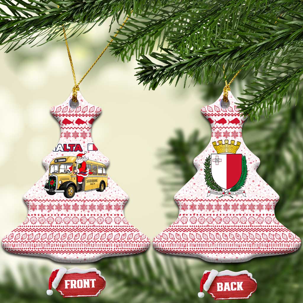 Malta Christmas Ceramic Ornament with Santa Driving Vintage Bus Malta Flag and Red White Festive Pattern Design - Wonder Print Shop