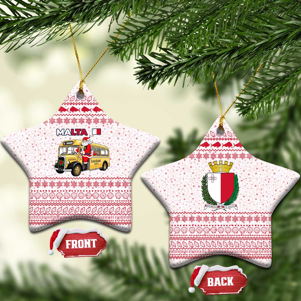 Malta Christmas Ceramic Ornament with Santa Driving Vintage Bus Malta Flag and Red White Festive Pattern Design - Wonder Print Shop