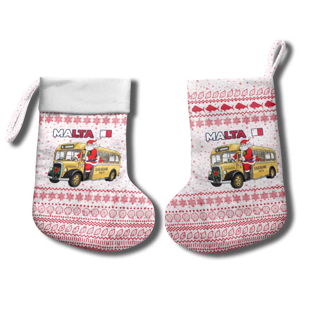 Malta Christmas Stocking with Santa Driving Vintage Bus Malta Flag and Red White Festive Pattern Design - Wonder Print Shop