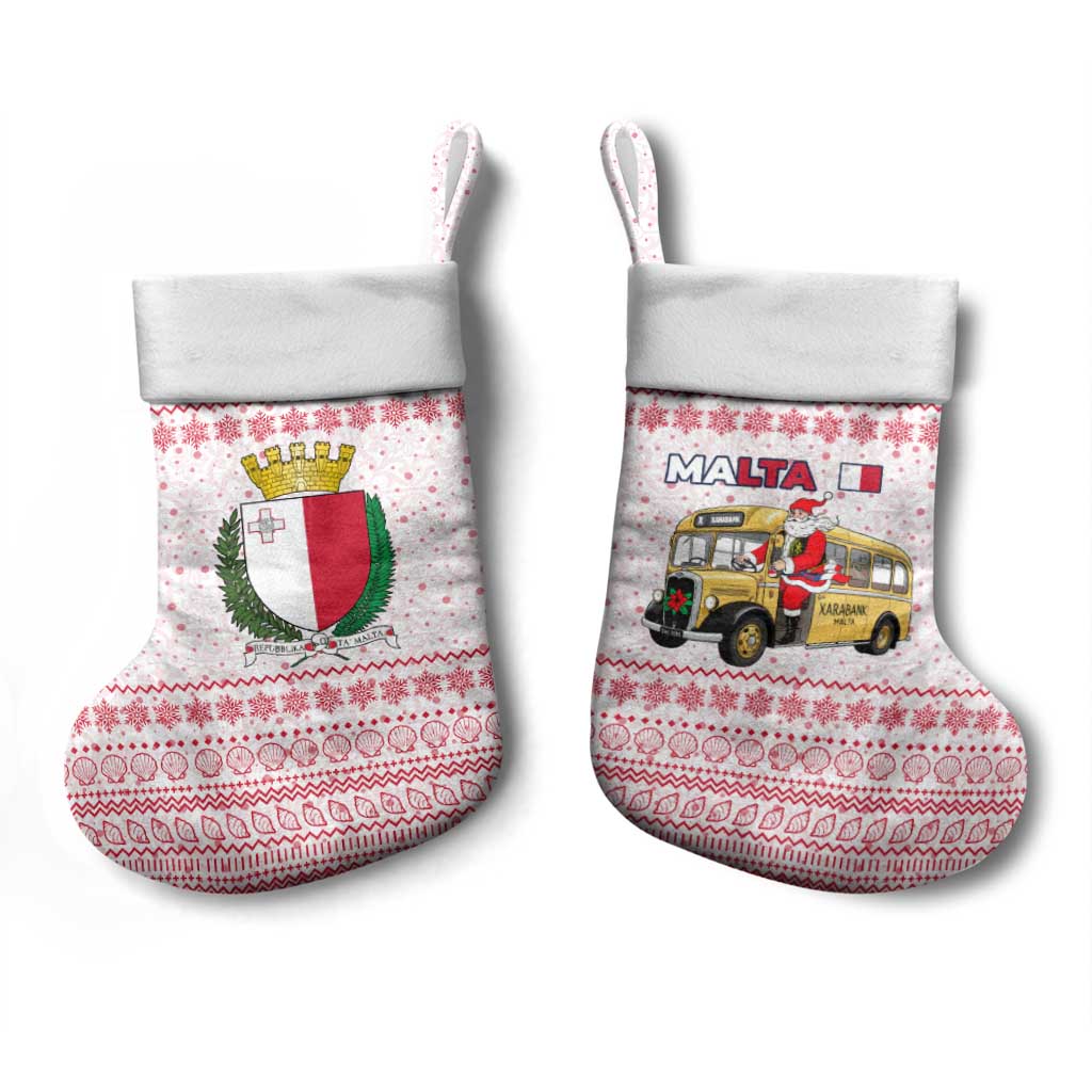 Malta Christmas Stocking with Santa Driving Vintage Bus Malta Flag and Red White Festive Pattern Design - Wonder Print Shop