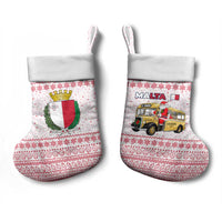 Malta Christmas Stocking with Santa Driving Vintage Bus Malta Flag and Red White Festive Pattern Design - Wonder Print Shop