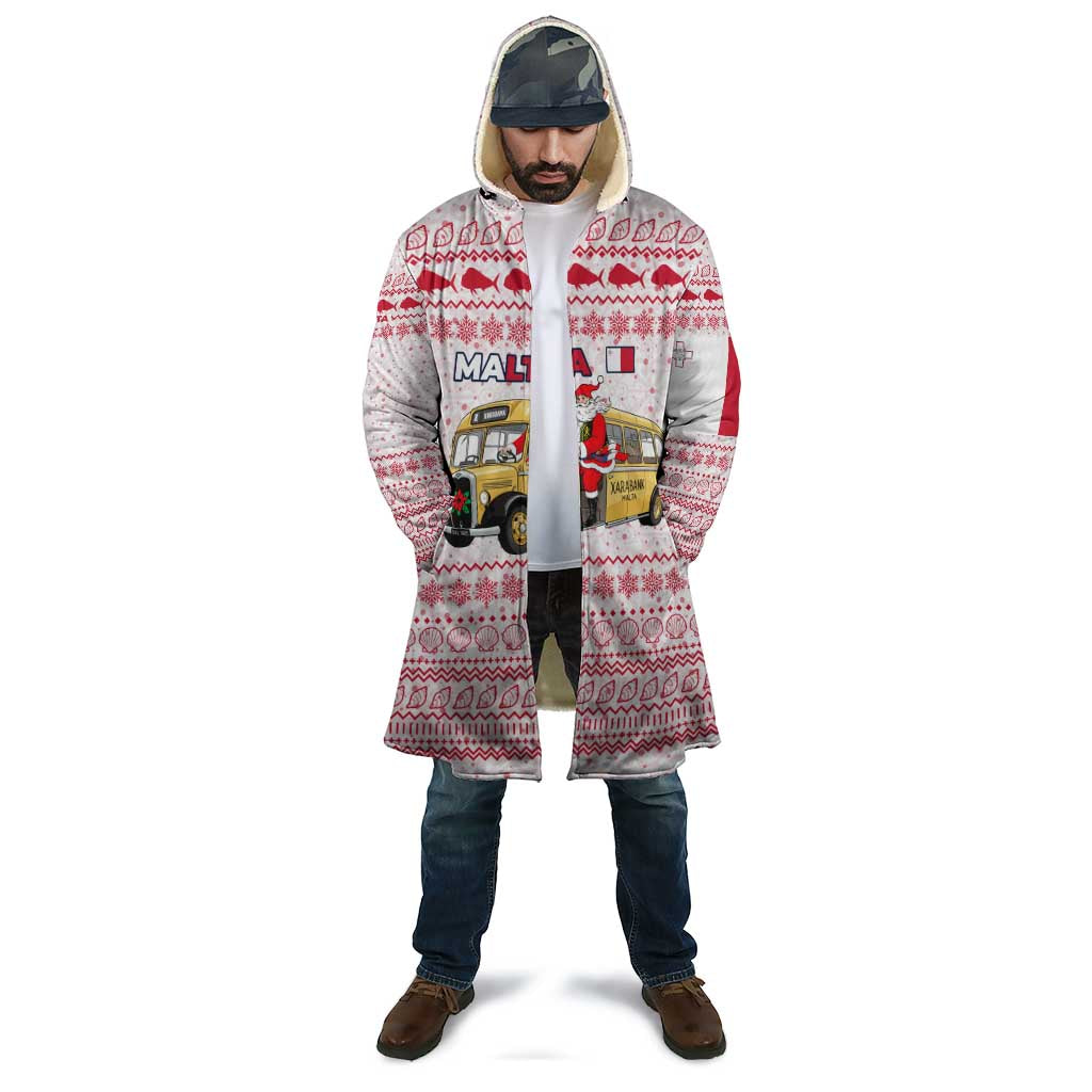 Malta Christmas Cloak with Santa Driving Vintage Bus Malta Flag and Red White Festive Pattern Design - Wonder Print Shop